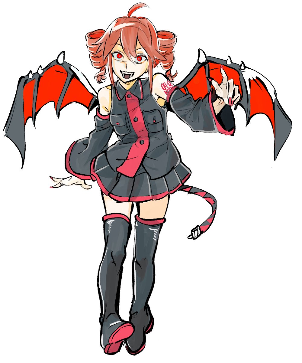 1girl, ahoge, black_boots, black_shirt, black_skirt, boots, demon_wings, detached_sleeves