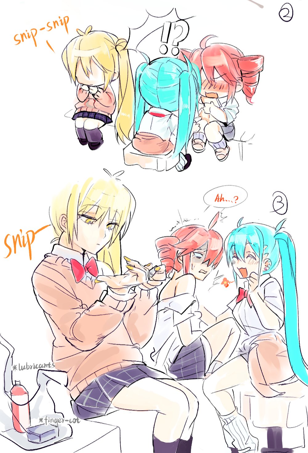 3girls, akita_neru, aqua_hair, bag, blonde_hair, brown_cardigan, brown_sweater, cardigan, closed_eyes, drill_hair, english_text, hand_up, hatsune_miku, highres, huan1034097, kasane_teto, leg_warmers, long_hair, lube, multiple_girls, off_shoulder, open_mouth, plastic_bag, shirt, side_ponytail, simple_background, smile, speech_bubble, sweater, triple_ryuunen, twin_drills, twintails, utau, very_long_hair, vocaloid, white_background, white_leg_warmers, white_shirt, yellow_nails