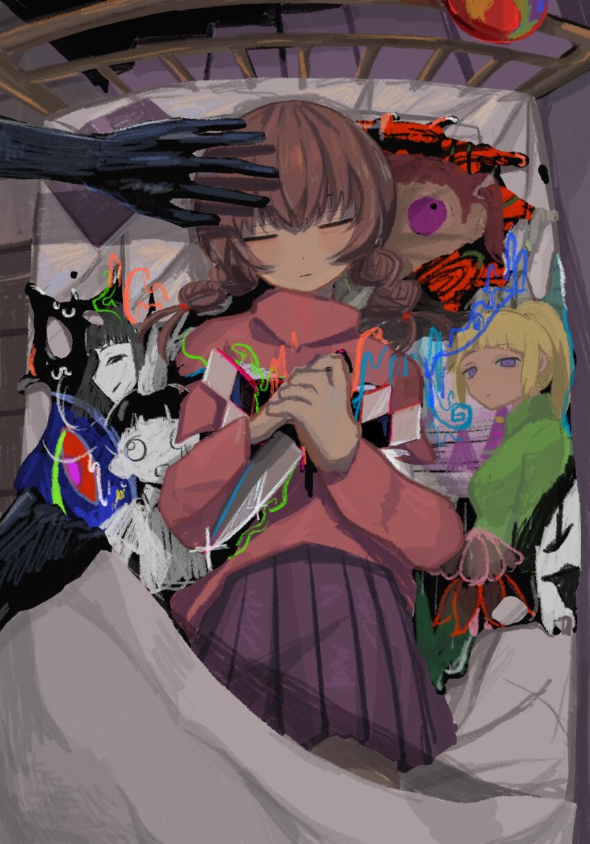 4girls, amamoto_air, black_hair, blonde_hair, blunt_bangs, braid, brown_hair, character_request