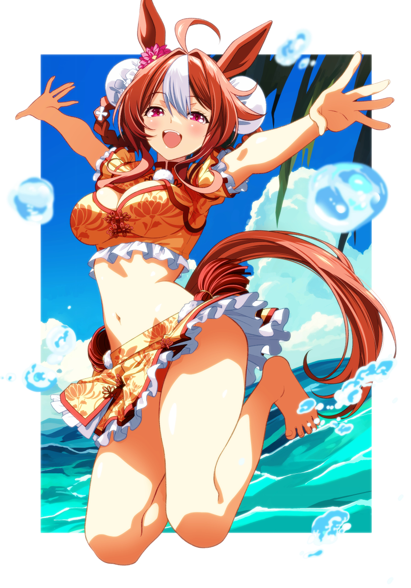 1girl, ahoge, animal_ears, barefoot, blue_sky, braid, breasts, bun_cover