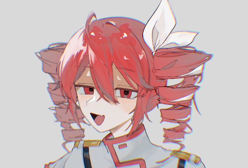 1girl, ahoge, bow, chromatic_aberration, drill_hair, fang, grey_background, grey_jacket