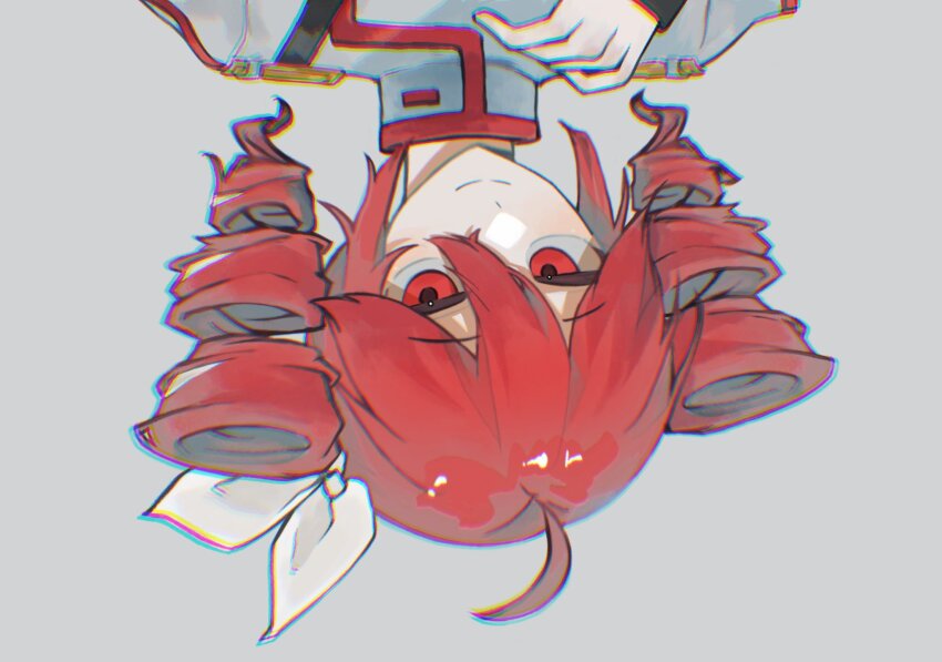 1girl, chromatic_aberration, closed_mouth, drill_hair, grey_background, grey_jacket, hair_between_eyes, hand_up