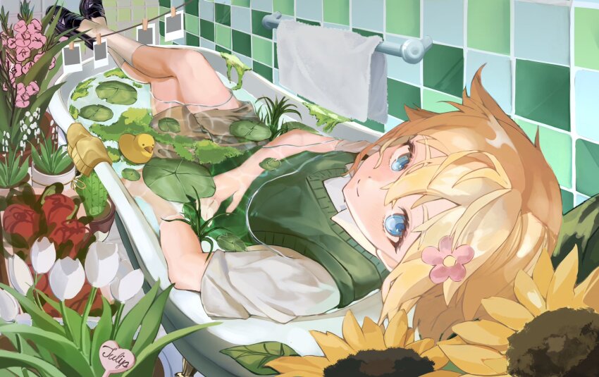1boy, basil_(faraway)_(omori), basil_(omori), bathtub, blonde_hair, blue_eyes, blush, cactus