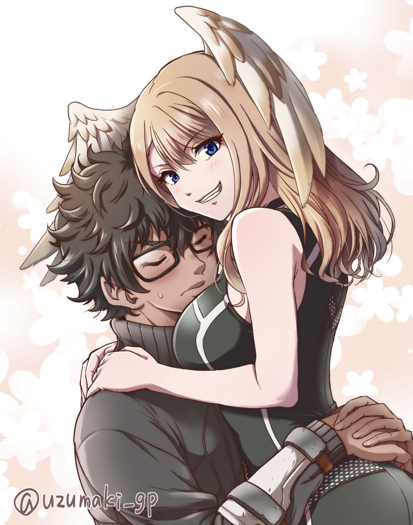 1boy, 1girl, black-framed_eyewear, black_bodysuit, black_sweater, blue_eyes, blush, bodysuit