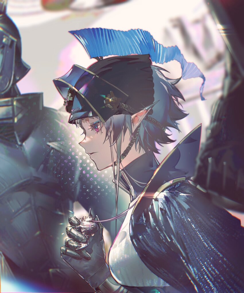 1boy, 1girl, arknights, armor, black_gloves, blue_hair, breasts, character_request