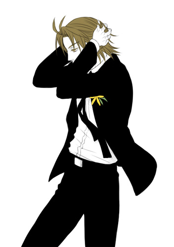 1boy, brown_eyes, brown_hair, flower, formal_clothes, hal_(sakurajam), harvest_moon, harvest_moon_animal_parade