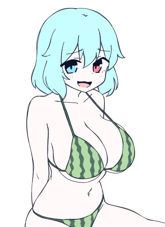 1girl, arms_behind_back, bikini, blue_eyes, blue_hair, breasts, cleavage, collarbone