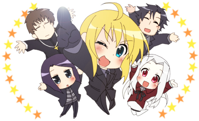 2boys, 3girls, ahoge, aqua_eyes, artoria_pendragon_(fate), bad_id, bad_pixiv_id, blonde_hair