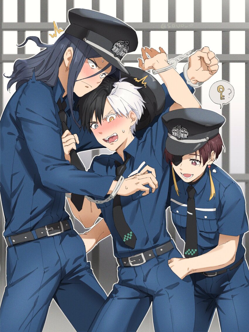 3boys, belt, black_belt, black_hair, black_necktie, blue_hair, blush, brown_hair