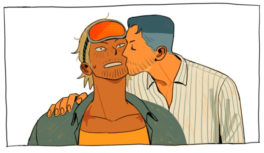 2boys, beard_stubble, blonde_hair, blue_hair, blue_shirt, border, closed_eyes, collarbone