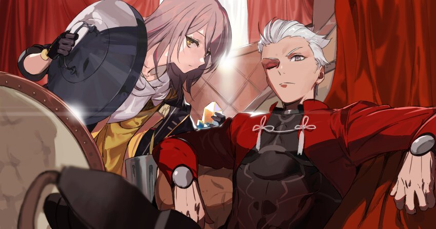 1boy, 1girl, absurdres, archer_(fate), black_footwear, black_gloves, black_jacket, closed_mouth