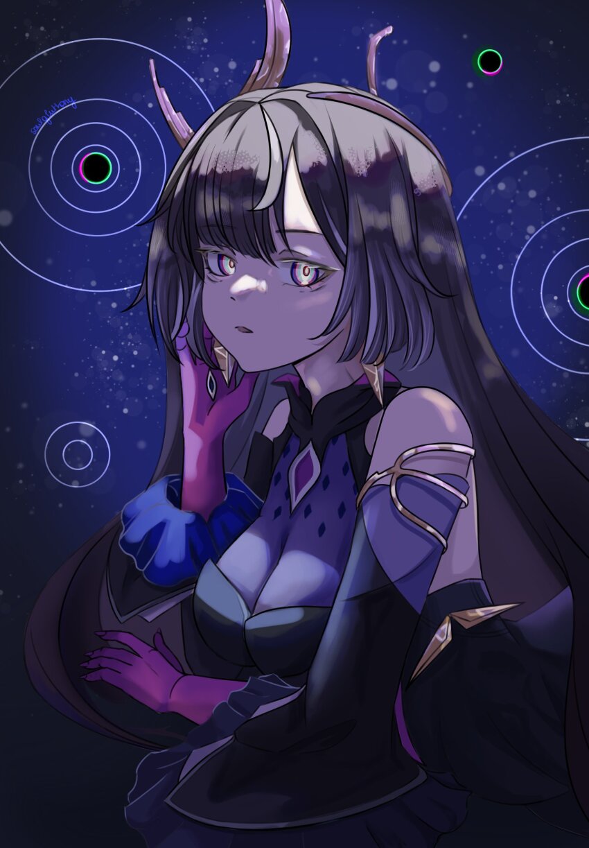 1girl, bare_shoulders, black_dress, blue_eyes, breasts, brown_hair, cleavage, commentary