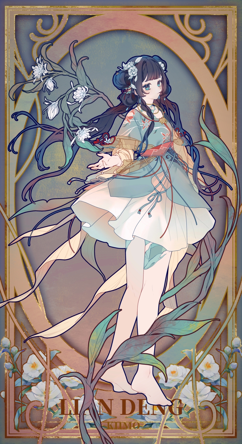 1girl, absurdres, ahoge, chibi, chinese_clothes, english_text, flower, food, grey_eyes, grey_hair, hair_between_eyes, highres, holding, lao_muyu, long_hair, long_sleeves, looking_at_viewer, low_twintails, multiple_views, open_mouth, original, shawl, shuangyaji, twintails, wagashi