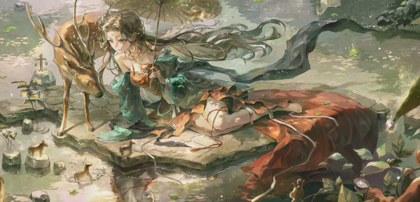 1girl, :d, arm_support, bare_shoulders, barefoot, black_eyes, black_hair, breasts