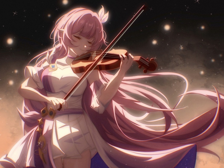 1girl, breasts, chinese_commentary, closed_eyes, closed_mouth, commentary_request, cowboy_shot, dress, elf, elysia_(dreamy_euphony)_(honkai_impact), elysia_(honkai_impact), elysia_(miss_pink_elf)_(honkai_impact), euzh266, highres, holding, holding_instrument, holding_violin, honkai_(series), honkai_impact_3rd, instrument, large_breasts, long_hair, music, official_alternate_costume, playing_instrument, pointy_ears, sky, solo, star_(sky), starry_sky, thighs, very_long_hair, violin, white_dress