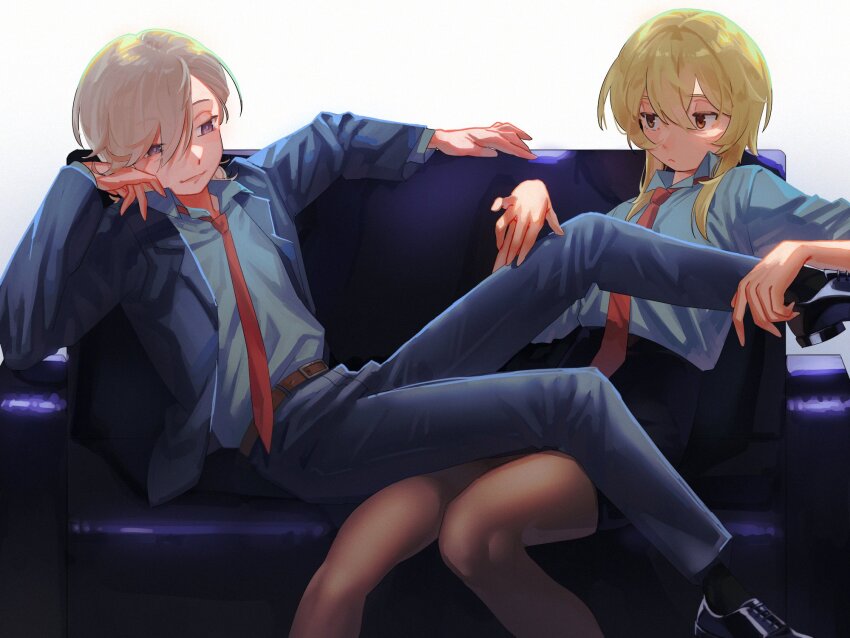 1boy, 1girl, alternate_costume, black_footwear, black_skirt, black_socks, blonde_hair, blue_jacket