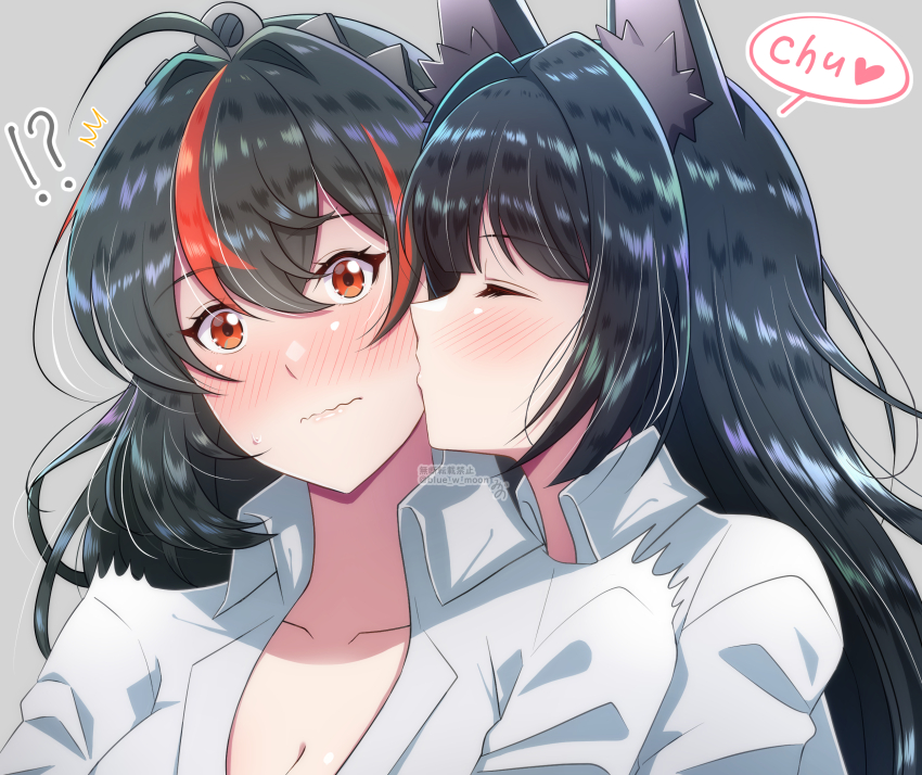 !?, 2girls, animal_ears, artist_name, black_hair, blue_w_moon, blush, breasts