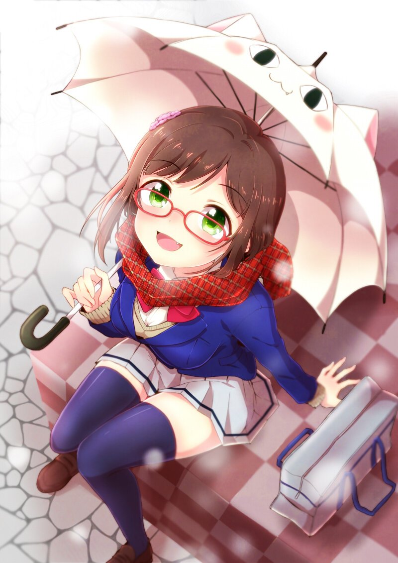 1girl, arm_support, bag, blue_jacket, blue_thighhighs, blurry, blurry_foreground, blush