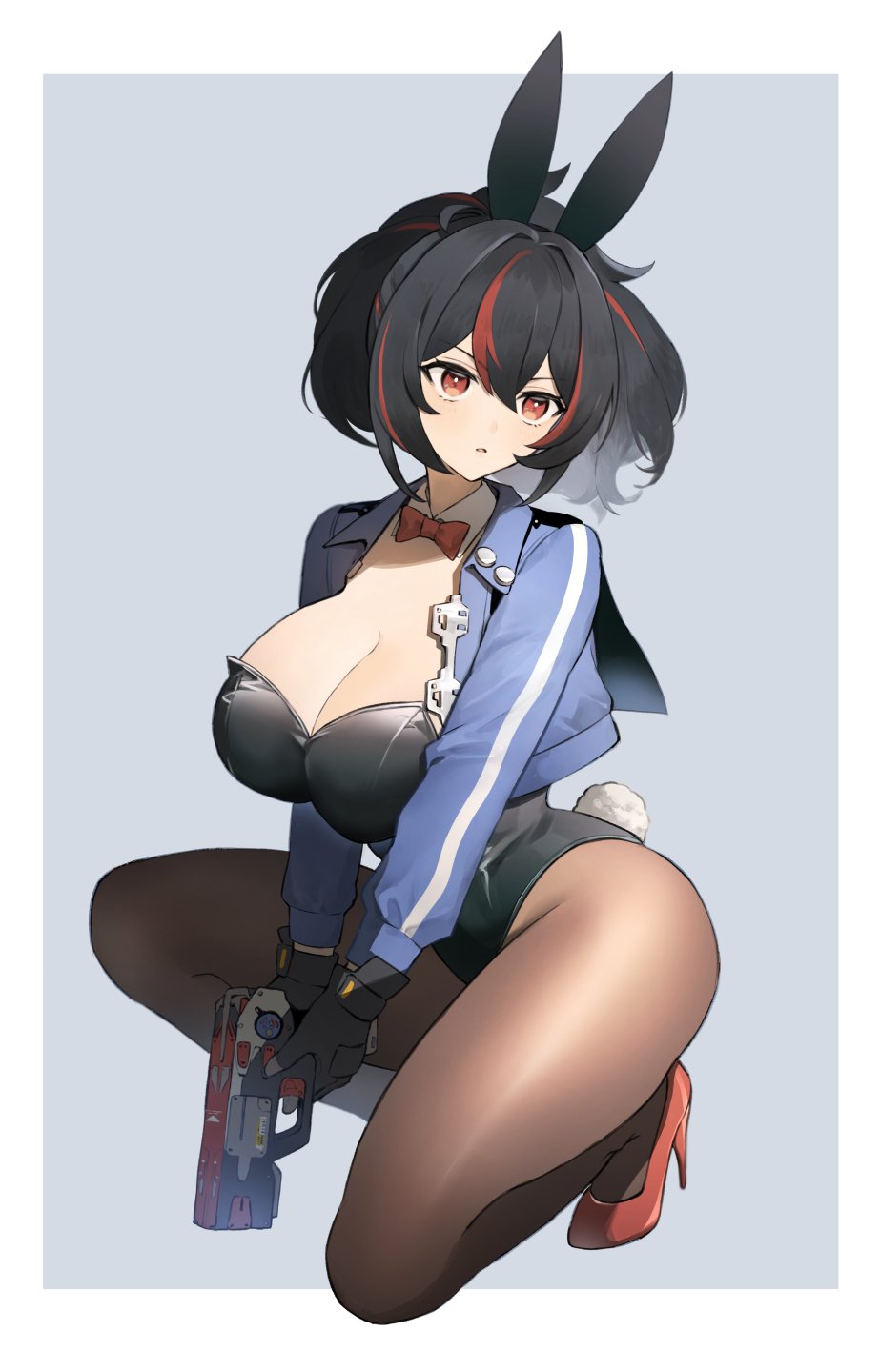 animal_ears, black_leotard, blue_jacket, bow, bowtie, breasts, detached_collar, fake_animal_ears