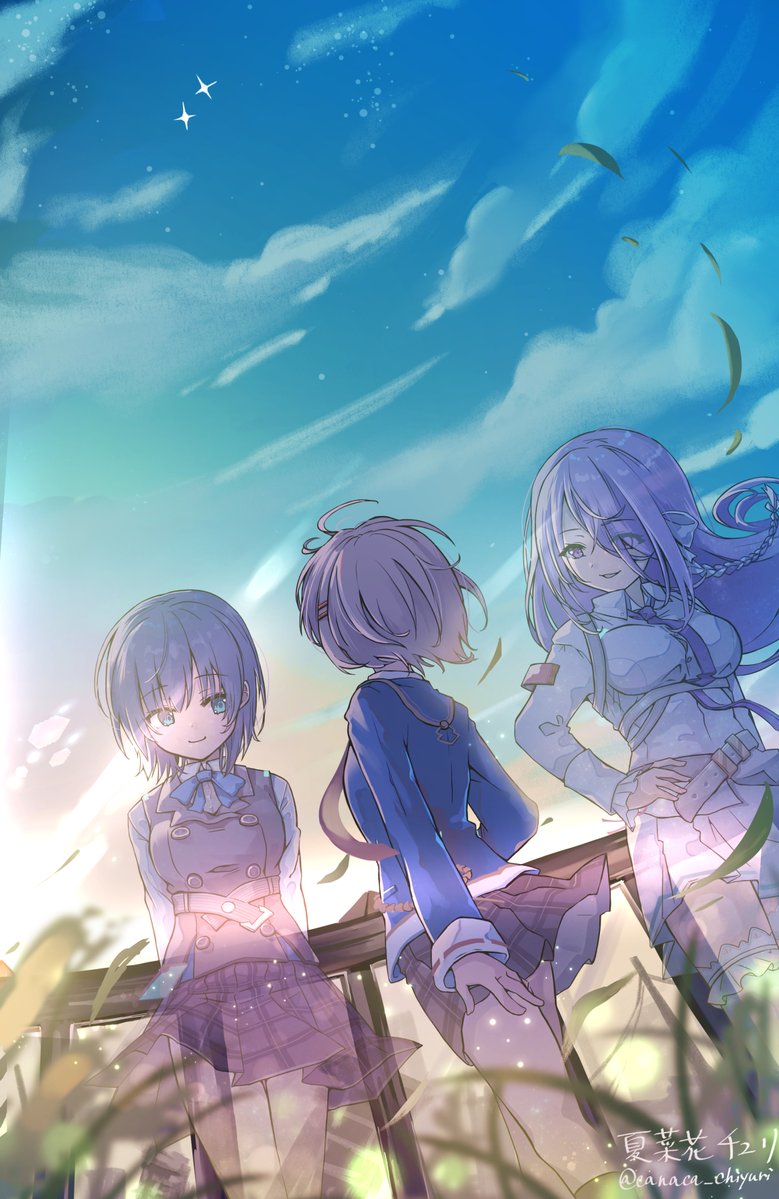 3girls, aoi_erika, black_hair, blonde_hair, blue_sky, blurry, blurry_foreground, bow