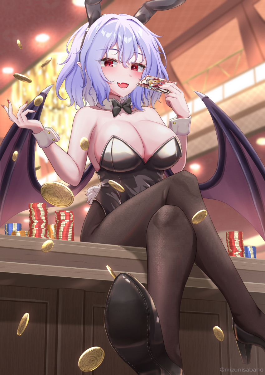 1girl, :d, alternate_breast_size, animal_ears, bare_shoulders, black_bow, black_bowtie, black_footwear, black_leotard, blush, bow, bowtie, breasts, brown_pantyhose, card, casino, cleavage, coin, collarbone, commentary_request, crossed_legs, demon_wings, detached_collar, fake_animal_ears, fake_tail, fang, flandre_scarlet, full_body, gold_coin, hair_between_eyes, hands_up, high_heels, highleg, highleg_leotard, highres, holding, holding_card, indoors, joker_(playing_card), large_breasts, leotard, looking_at_viewer, medium_hair, mizunisabano, open_mouth, pantyhose, playboy_bunny, playing_card, pointy_ears, poker_chip, purple_hair, rabbit_ears, rabbit_tail, red_eyes, red_nails, remilia_scarlet, sitting, skin_fang, slit_pupils, smile, solo, strapless, strapless_leotard, tail, touhou, twitter_username, white_wrist_cuffs, wing_collar, wings, wrist_cuffs