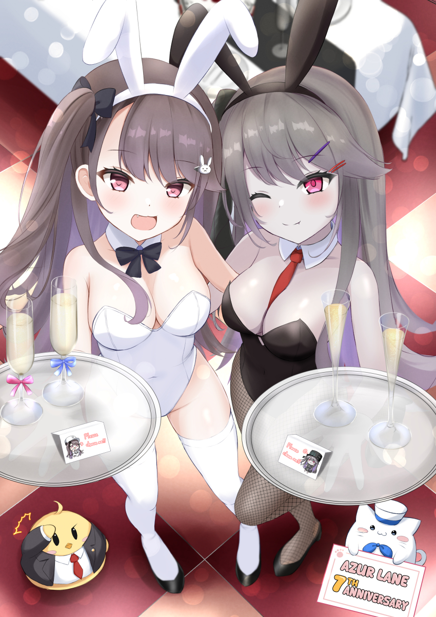 2girls, :d, absurdres, alternate_breast_size, animal_ears, anniversary, arm_around_another's_back, azur_lane