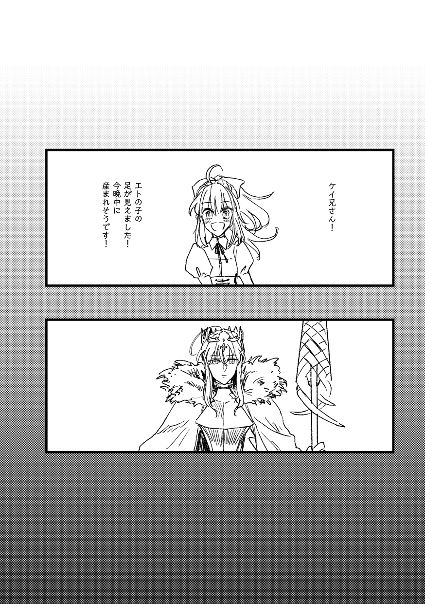 2girls, armor, artoria_pendragon_(fate), artoria_pendragon_(lancer)_(fate), braid, braided_bun, cape, check_translation