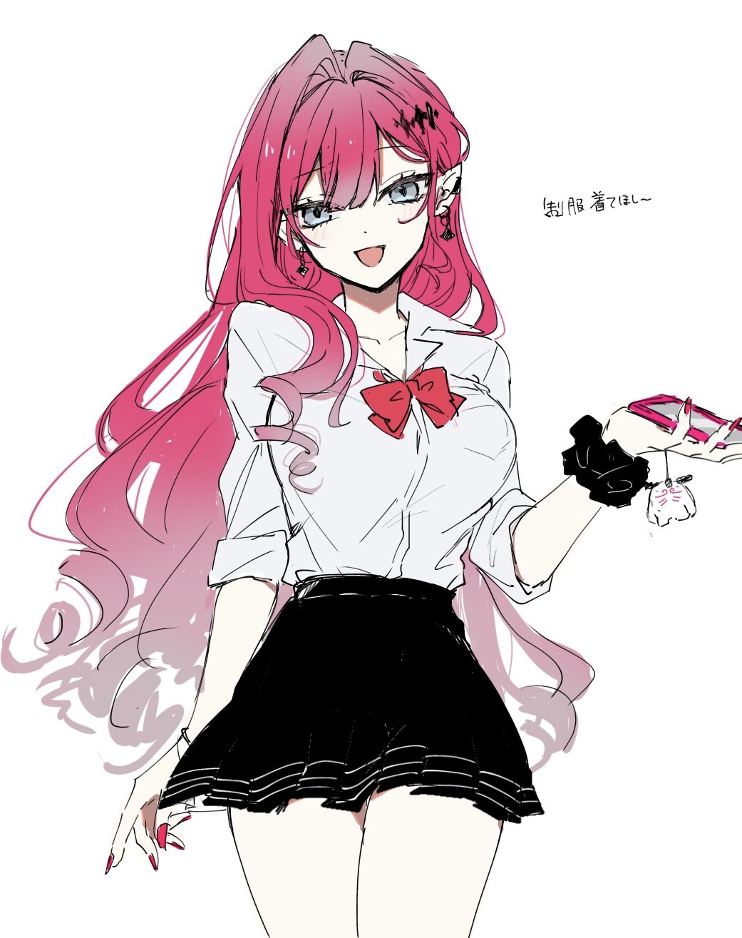 1girl, baobhan_sith_(fate), black_skirt, breasts, cellphone, cernunnos_(fate), earrings, fate/grand_order