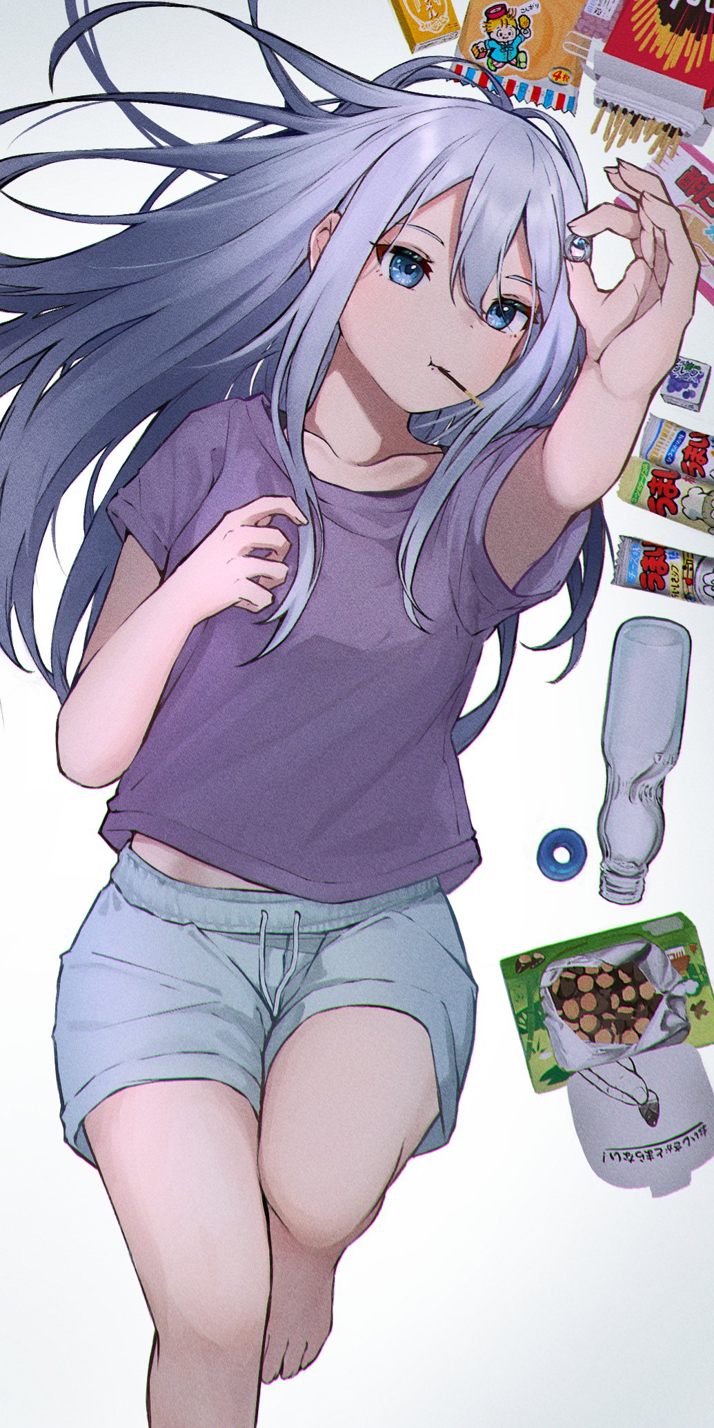 1girl, aqua_shorts, ball, blue_eyes, coelacanth_(ken1984), collarbone, commentary, feet_out_of_frame, food, food_in_mouth, foreshortening, grey_hair, hair_between_eyes, hair_spread_out, highres, holding, holding_ball, long_hair, looking_at_object, lying, marble_(toy), on_back, open_box, pocky, pocky_in_mouth, project_sekai, purple_shirt, ramune, shirt, shorts, sidelocks, simple_background, snack, solo, swept_bangs, t-shirt, white_background, yoisaki_kanade