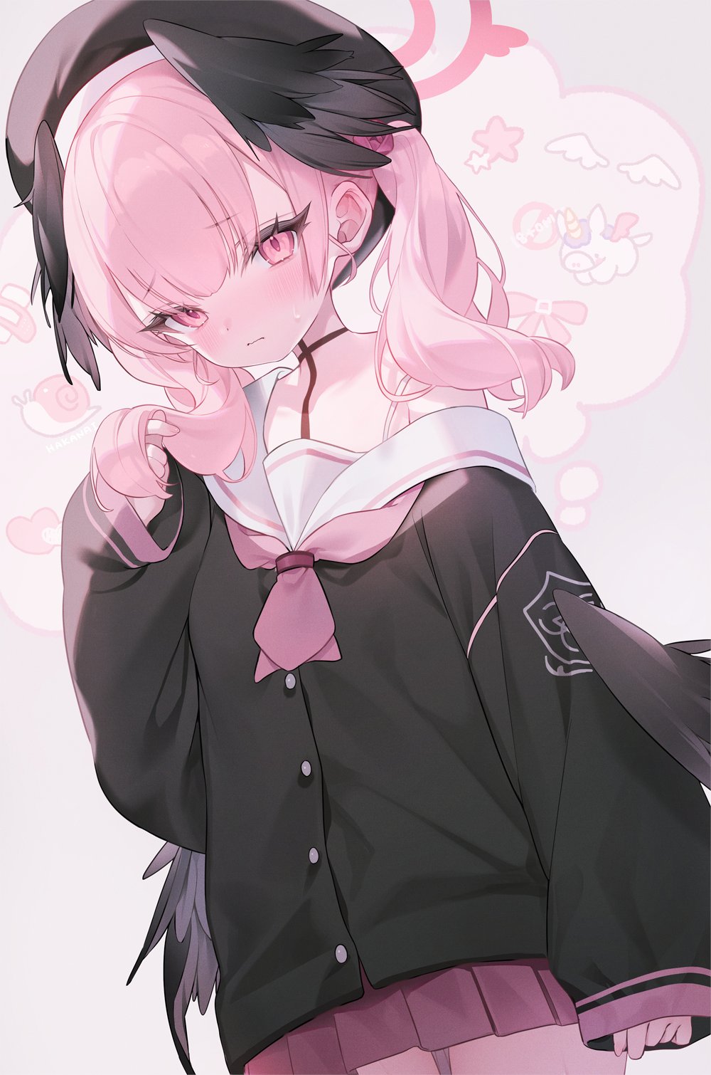 1girl, bandaid_print, beret, black_hat, black_shirt, black_wings, blue_archive, blush