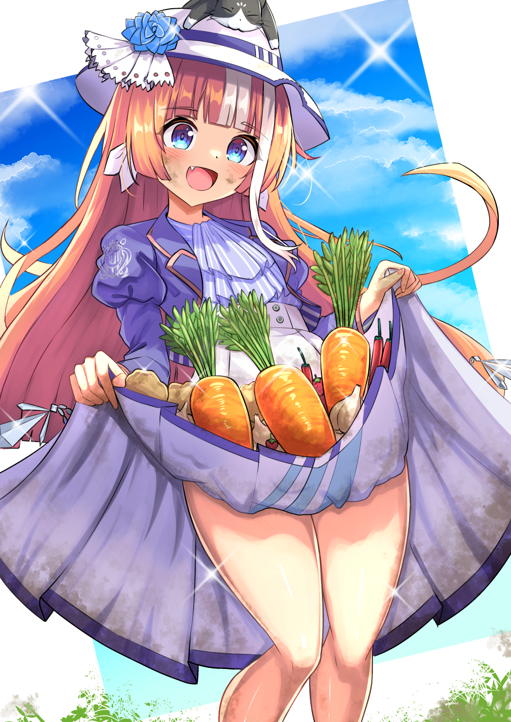 1girl, akikawa_yayoi_(umamusume), animal, animal_on_head, blue_eyes, blush, carrot, cat
