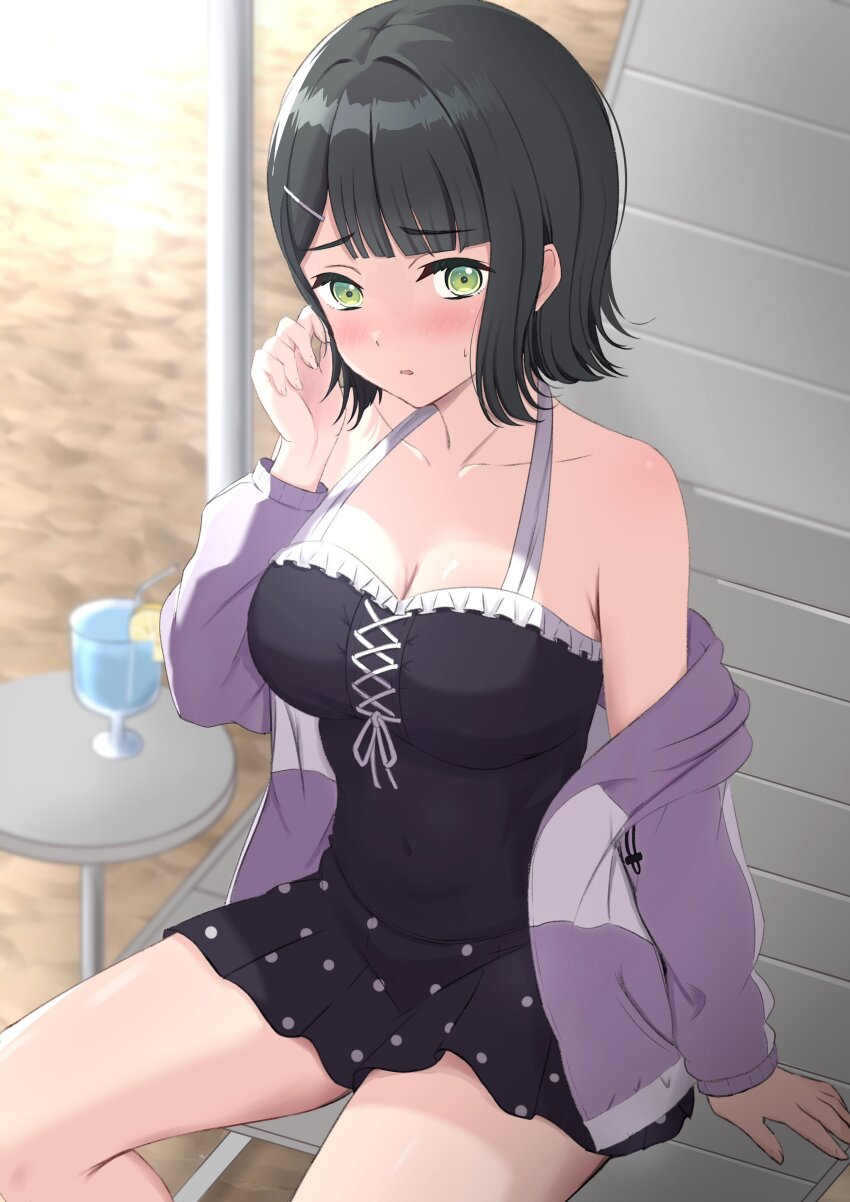 1girl, absurdres, beach, black_hair, black_one-piece_swimsuit, blunt_bangs, blurry, blurry_background, blush, breasts, casual_one-piece_swimsuit, chair, cleavage, collarbone, commentary, covered_navel, cross-laced_clothes, cross-laced_one-piece_swimsuit, cup, drinking_straw, flipped_hair, food, frilled_one-piece_swimsuit, frills, fruit, green_eyes, hair_ornament, hairclip, hand_rest, hand_up, highres, jacket, jacket_over_swimsuit, large_breasts, lemon, lemon_slice, link!_like!_love_live!, long_sleeves, looking_at_viewer, lounge_chair, love_live!, momose_ginko, momose_ginko_(swimsuit), off_shoulder, official_alternate_costume, official_alternate_hairstyle, on_chair, one-piece_swimsuit, open_clothes, open_jacket, parted_lips, polka_dot_one-piece_swimsuit, purple_jacket, shade, short_hair, sitting, solo, sweatdrop, swimsuit, virtual_youtuber, zanpon