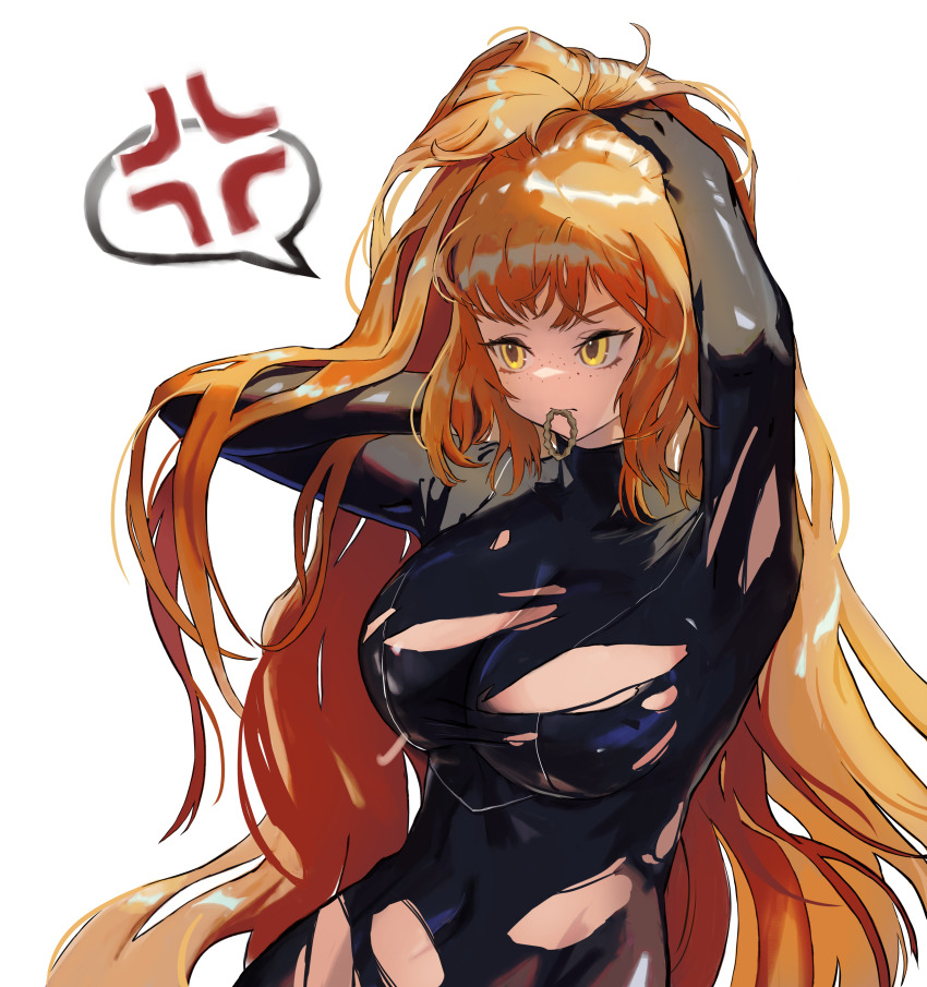 1girl, absurdres, anger_vein, arms_up, black_bodysuit, bodysuit, breasts, covered_navel, freckles, hair_spread_out, hair_tie_in_mouth, hands_in_own_hair, highres, ishmael_(project_moon), large_breasts, limbus_company, long_hair, looking_to_the_side, mlepmlepmlep, molar_boatworks_(identity)_(project_moon), mouth_hold, orange_hair, project_moon, sidelocks, simple_background, solo, speech_bubble, torn_clothes, tying_hair, very_long_hair, white_background, yellow_eyes