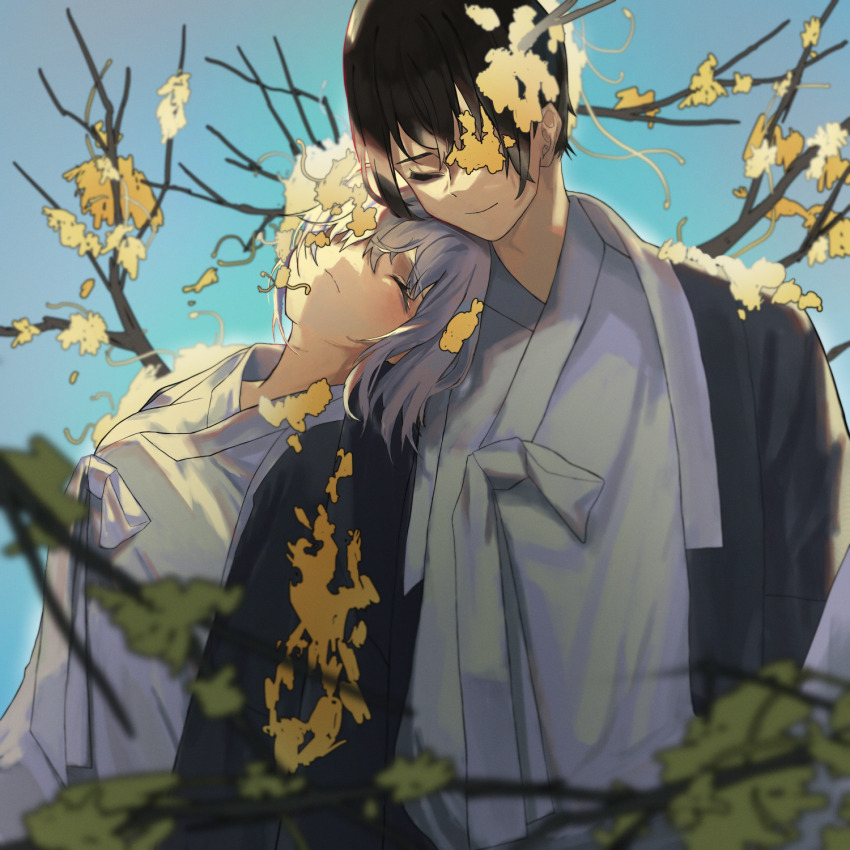 1boy, 1girl, black_hair, blue_background, branch, closed_eyes, closed_mouth, coat, dongbaek_(project_moon), e.g.o_(project_moon), flower, grey_coat, highres, limbus_company, long_sleeves, mlepmlepmlep, open_clothes, project_moon, short_hair, simple_background, smile, spicebush_(e.g.o), upper_body, white_hair, wide_sleeves, yellow_flower, yi_sang_(project_moon)