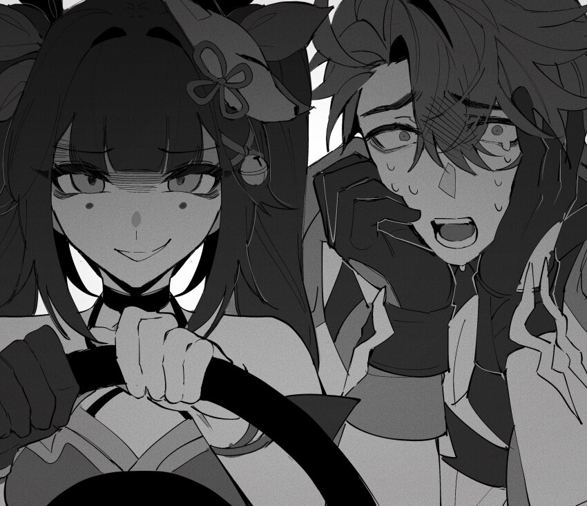 1boy, 1girl, absurdres, bare_shoulders, bell, choker, clothing_cutout, collarbone, collared_shirt, dress, fox_mask, gloves, greyscale, hair_bell, hair_ornament, hands_on_own_face, hands_up, highres, honkai:_star_rail, honkai_(series), jacket, long_hair, looking_at_viewer, mask, mask_on_head, meme, mole, mole_under_each_eye, mole_under_eye, monochrome, moyu_16y, multiple_moles, open_clothes, open_jacket, open_mouth, power_crashes_kobeni's_car_(meme), sampo_koski, scared, shirt, short_hair, sidelocks, simple_background, single_glove, sleeveless, sleeveless_dress, smile, smirk, sparkle_(honkai:_star_rail), steering_wheel, sweat, teeth, tongue, twintails, upper_body, x_hair_ornament