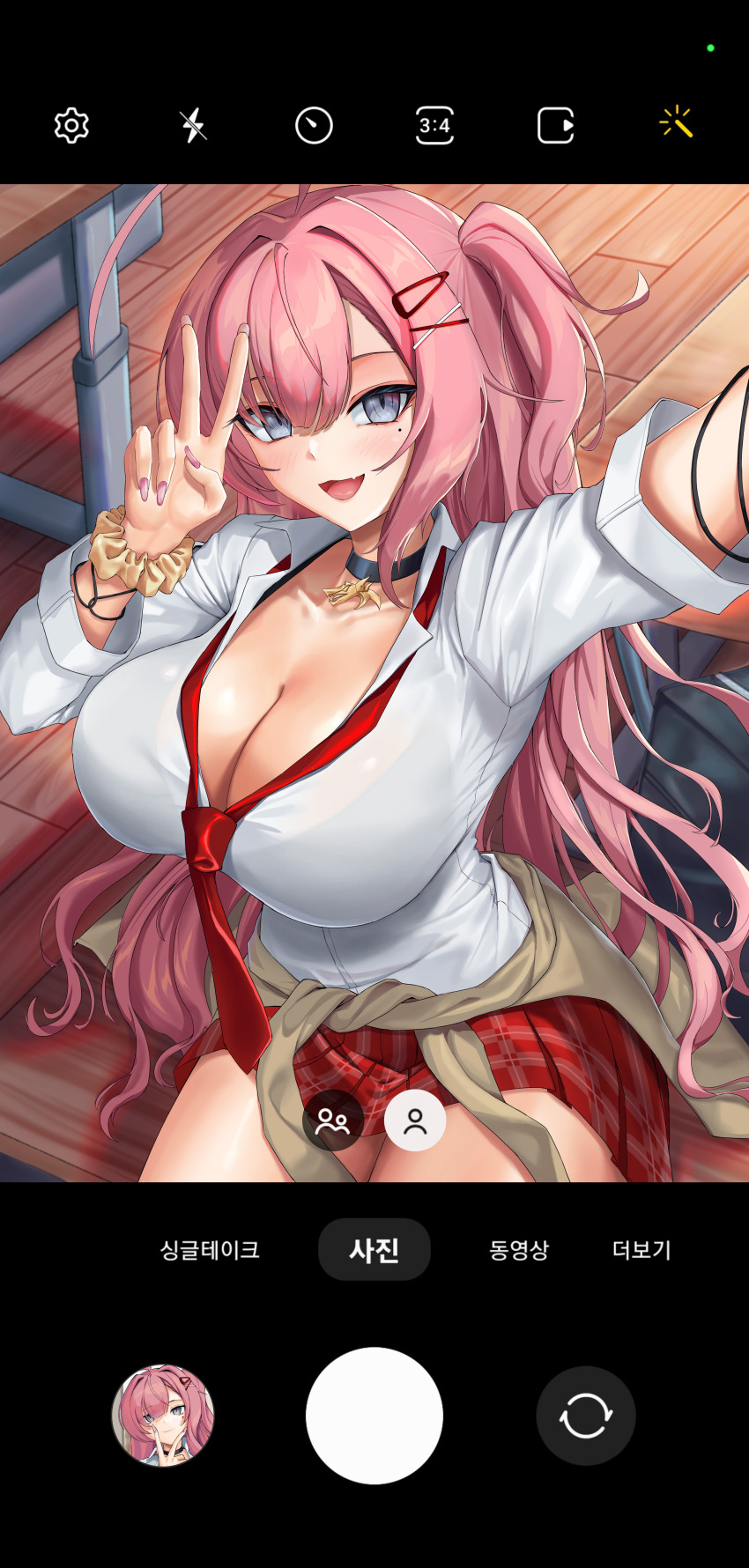 1girl, :d, absurdres, ahoge, bag, black_choker, breasts, choker, ciel_(counter:side), ciel_marronier, classroom, cleavage, clothes_around_waist, collarbone, commentary, counter:side, fake_phone_screenshot, fake_screenshot, fang, fingernails, grey_eyes, gyaru, hair_between_eyes, hair_ornament, hairclip, highres, jacket, jacket_around_waist, kogal, large_breasts, light_blush, long_fingernails, looking_at_viewer, loose_necktie, miniskirt, mole, mole_under_eye, necktie, official_alternate_costume, official_alternate_hairstyle, one_side_up, open_mouth, pink_hair, pink_nails, plaid_clothes, plaid_skirt, pleated_skirt, red_necktie, red_skirt, school_bag, scrunchie, selfie, shirt, sitting, skin_fang, skirt, smile, solo, table, v, white_shirt, wooden_floor, wrist_scrunchie, x_hair_ornament, yaegum2001