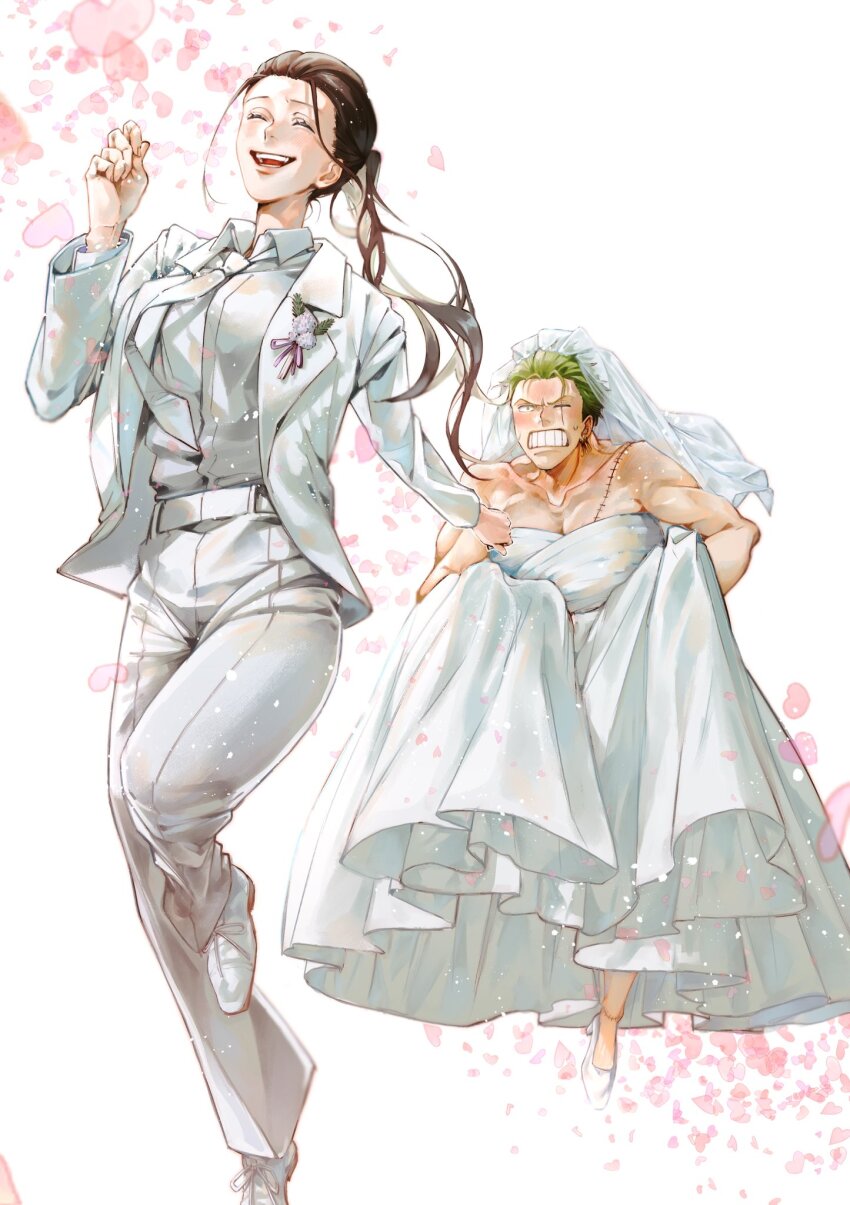 1boy, 1girl, blush, clenched_teeth, closed_eyes, commentary_request, dress, green_hair