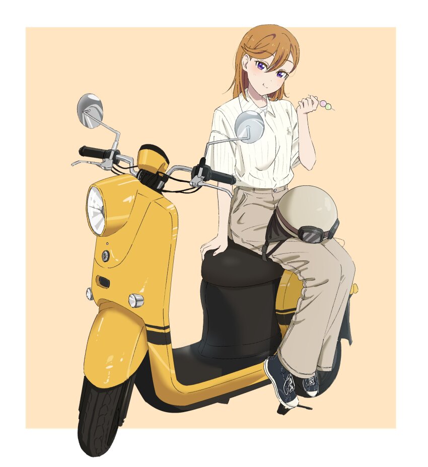 1girl, absurdres, black_shoes, blush, border, brown_background, brown_helmet, brown_pants