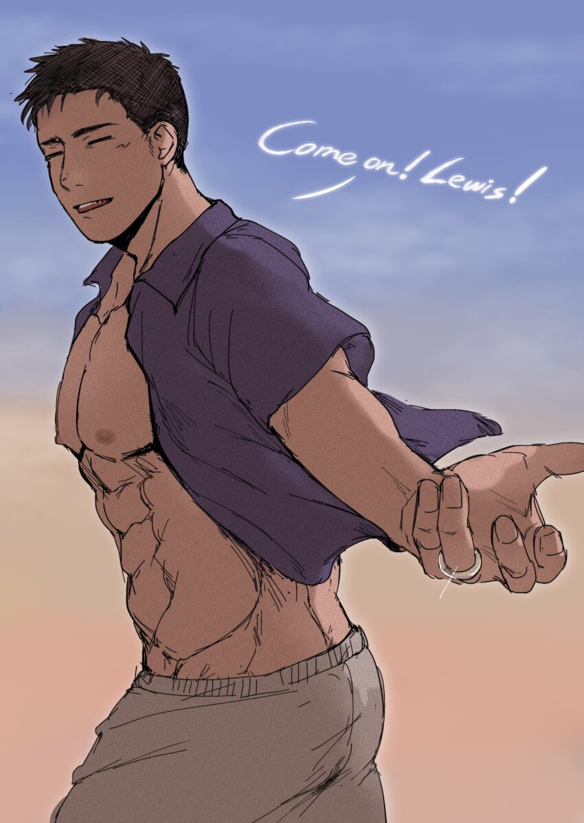 1boy, abs, absurdres, ao_isami, bara, bare_pectorals, black_hair, closed_eyes