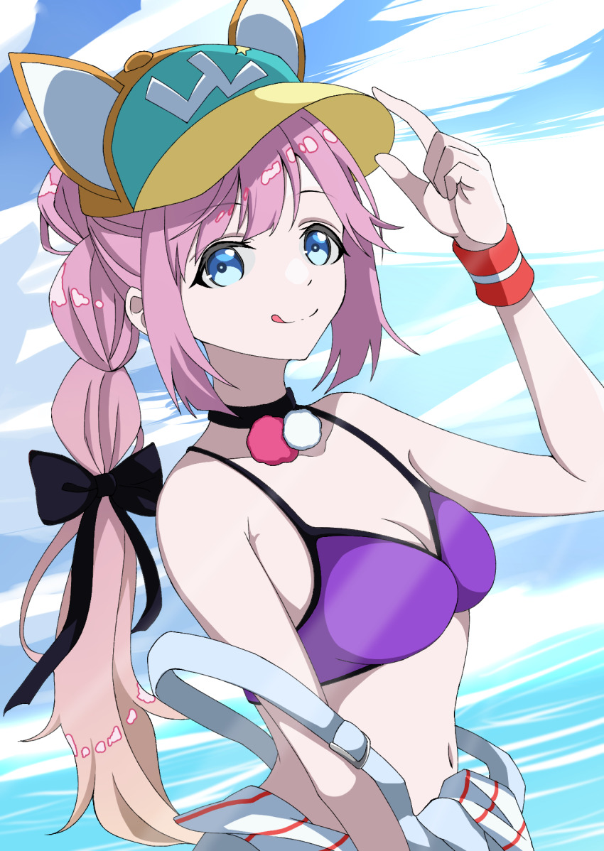 1girl, :q, anyoji_hime, baseball_cap, bikini, black_bow, black_ribbon, blonde_hair