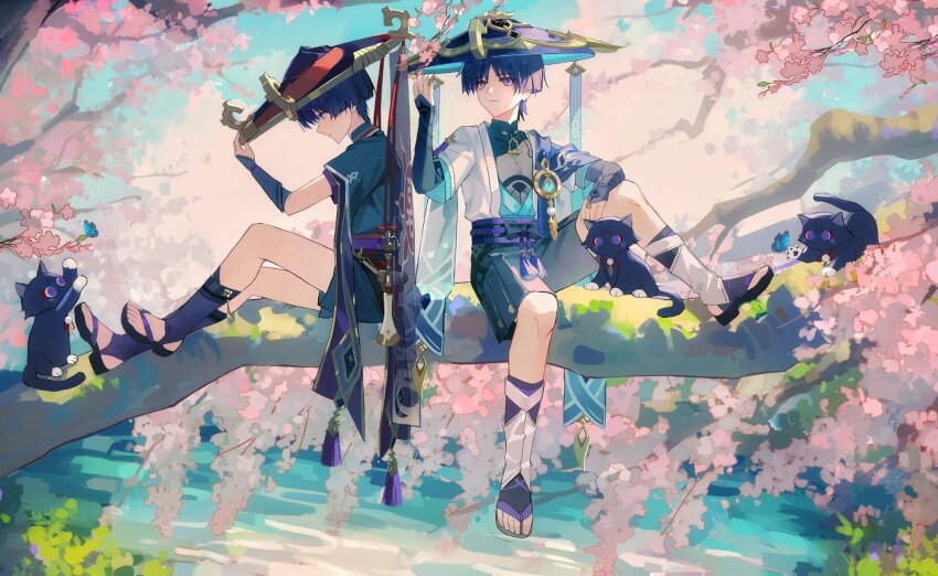 2boys, anemo_symbol_(genshin_impact), aqua_sleeves, arm_on_knee, armor, belt, black_belt, black_bodysuit