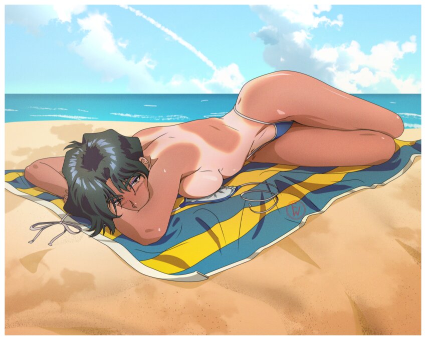 1girl, absurdres, beach, bikini, black_hair, blue_eyeshadow, breasts, brown_eyes, commentary, dark-skinned_female, dark_skin, english_commentary, eyeshadow, fritz_willie, full_body, golden_boy, hayami_ayuko, highres, looking_at_viewer, makeup, medium_breasts, navel, retro_artstyle, short_hair, solo, string_bikini, swimsuit, tanning, topless_female, towel