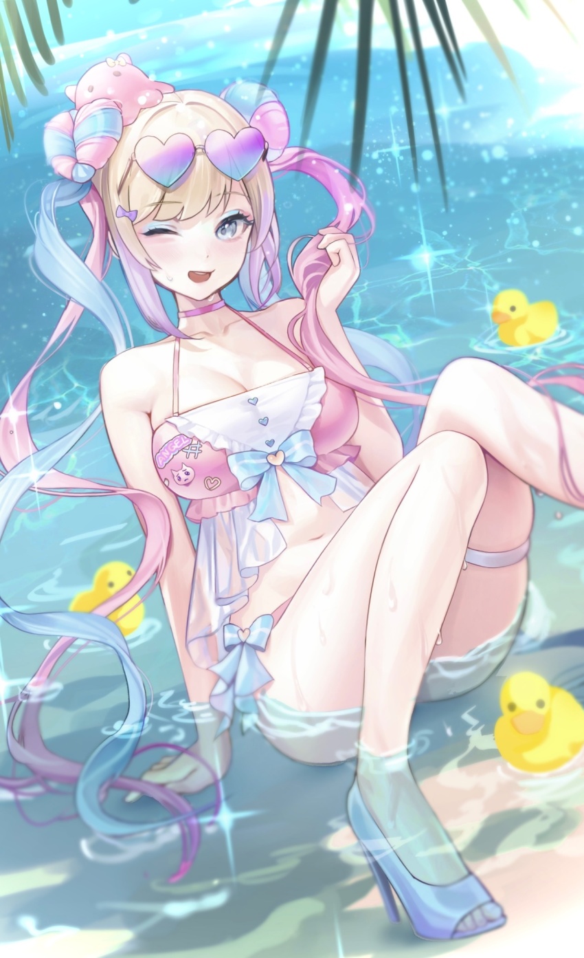 1girl, arm_support, bikini, blonde_hair, blue_eyes, blue_hair, breasts, chouzetsusaikawa_tenshi-chan