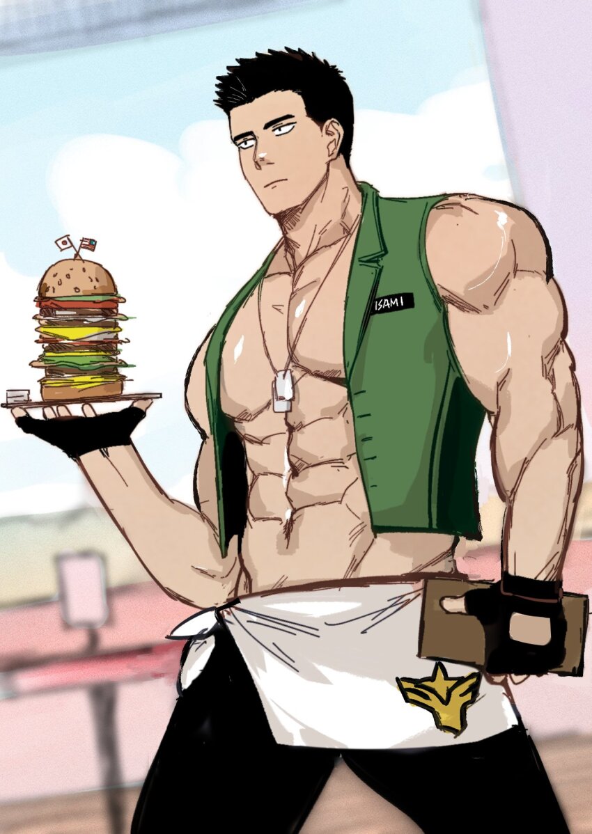 1boy, :|, abs, american_flag, ao_isami, bara, bare_pectorals, biceps