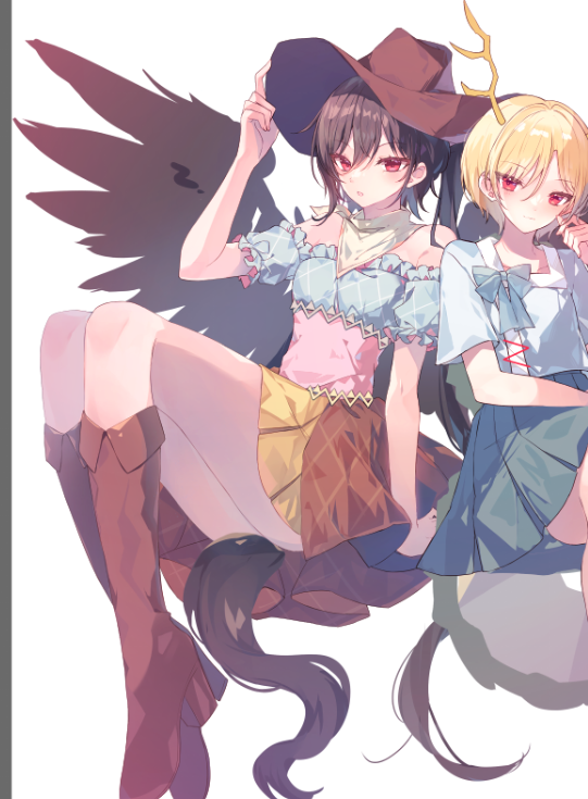 2girls, antlers, bandana, bare_shoulders, black_wings, blonde_hair, blue_bow, blue_shirt