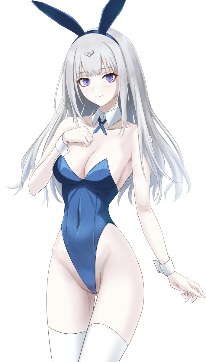 1girl, alternate_costume, animal_ears, blue_leotard, breasts, cleavage, closed_mouth, commentary, commentary_request, covered_navel, detached_collar, eyeliner, eyeshadow, fake_animal_ears, girls'_frontline, hair_ornament, hand_on_own_chest, highleg, highleg_leotard, highres, leotard, long_hair, looking_at_viewer, makeup, medium_breasts, mosoro, nyto_(girls'_frontline), playboy_bunny, purple_eyes, rabbit_ears, red_eyeliner, red_eyeshadow, sana_(boss)_(girls'_frontline), sana_(girls'_frontline), simple_background, smile, solo, thighhighs, white_background, white_hair, white_thighhighs, wrist_cuffs