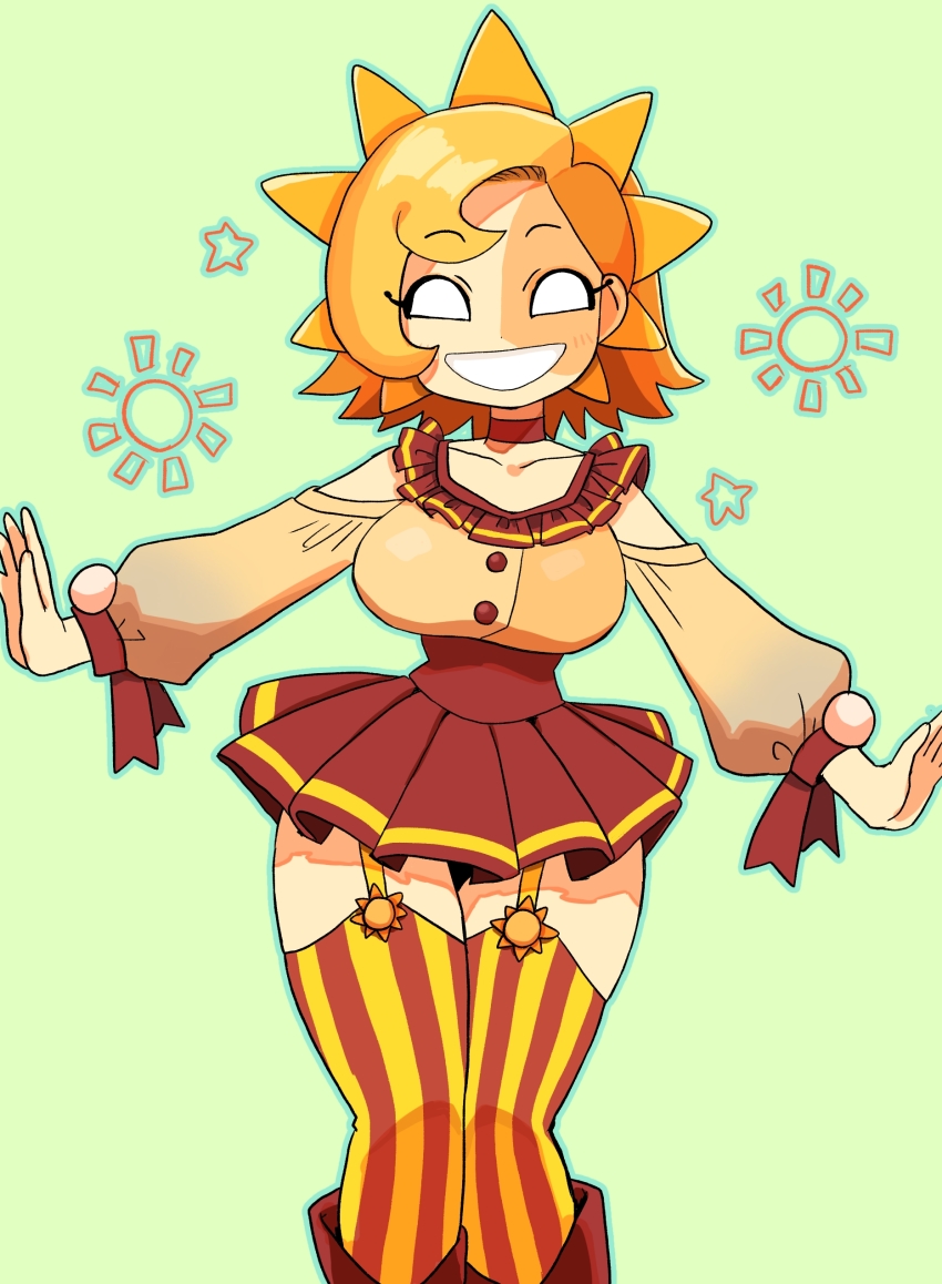 1girl, absurdres, breasts, commentary_request, cowboy_shot, curvy, five_nights_at_freddy's, five_nights_at_freddy's:_security_breach, garter_straps, genderswap, genderswap_(mtf), green_background, grin, highres, humanization, large_breasts, long_sleeves, minami_(mnm-kyk), orange_hair, short_hair, skirt, smile, solo, sun, sun_(fnaf), thighhighs, wide_hips, zettai_ryouiki