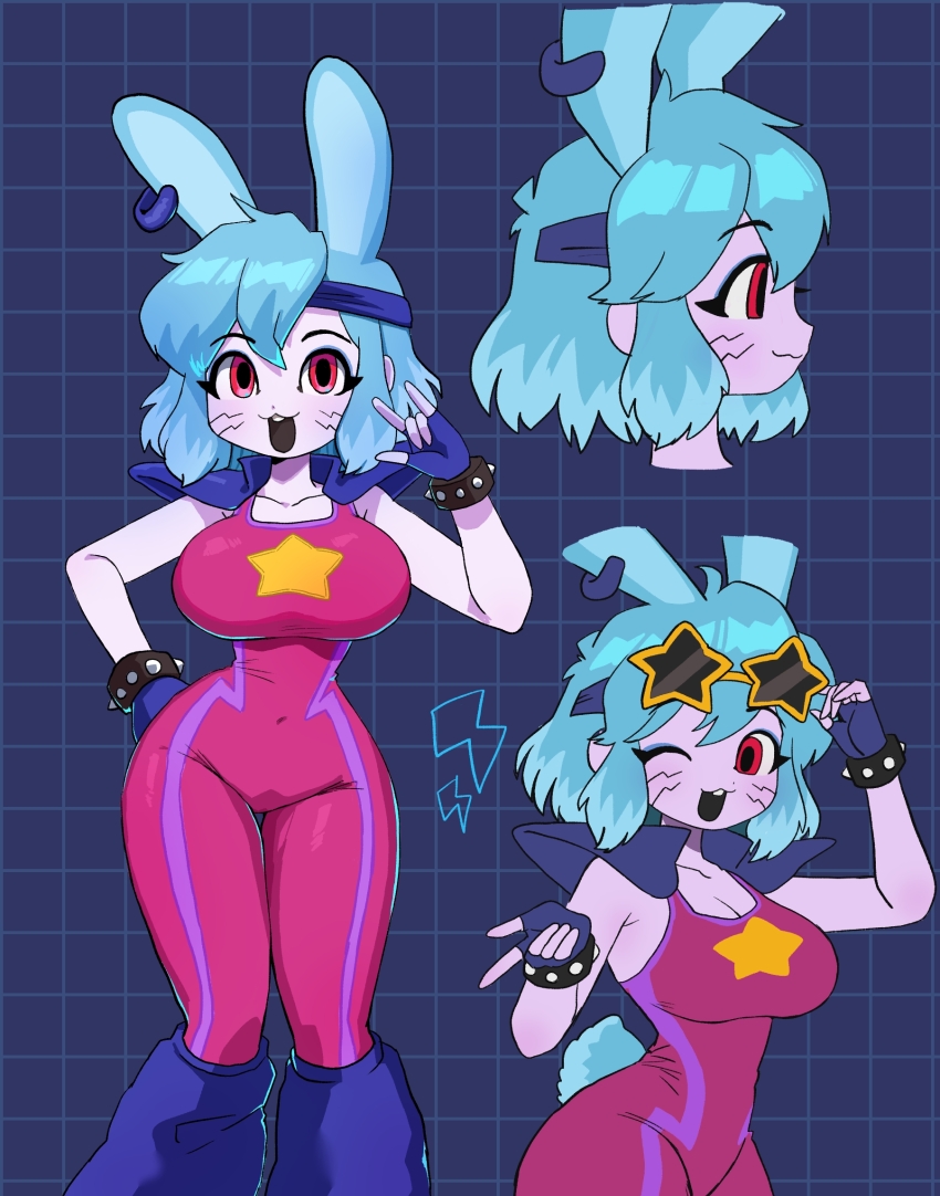1girl, animal_ears, aqua_hair, bracelet, breasts, cleavage, commentary_request, curvy, extra_ears, fingerless_gloves, five_nights_at_freddy's, five_nights_at_freddy's:_security_breach, genderswap, genderswap_(mtf), glamrock_bonnie, gloves, highres, humanization, jewelry, large_breasts, leg_warmers, minami_(mnm-kyk), multiple_views, one_eye_closed, open_mouth, rabbit_ears, rabbit_girl, rabbit_tail, red_eyes, short_hair, spandex, spiked_bracelet, spikes, standing, tail, wide_hips