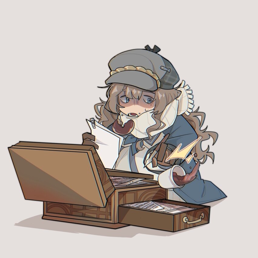 1girl, ^^^, accident, blue_coat, blue_eyes, blue_neckerchief, brown_gloves, brown_hair