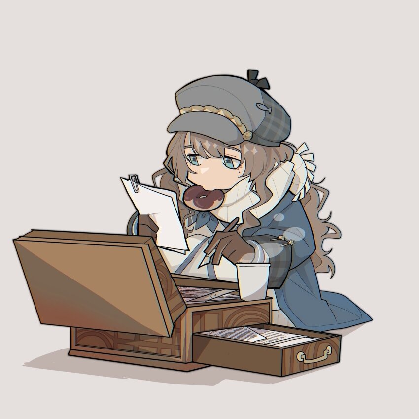 1girl, blue_coat, blue_eyes, blue_neckerchief, brown_gloves, brown_hair, newsboy_cap, coat